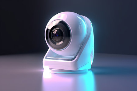 high-tech streaming or security online camera in glossy white material and hologram overlays with copy space areaの素材