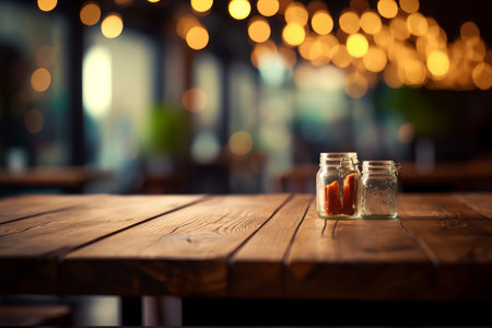 Image of wooden table in front of abstract blurred restaurant lights backgroundの素材