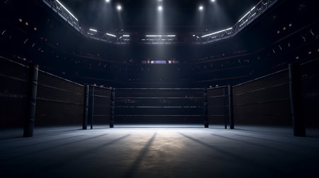 In the fighting cage. Interior view of sport arena with fans and shining spotlightsの素材