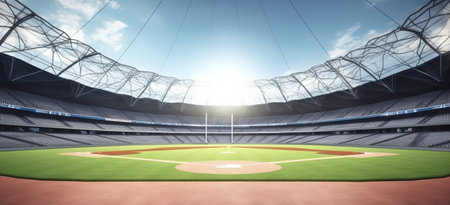 In the fighting cage. Grand baseball stadium field diamond daylight view, modern public sport building 3D render backgroundの素材