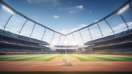 In the fighting cage. Grand baseball stadium field diamond daylight view, modern public sport building 3D render backgroundの素材