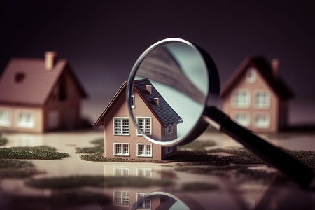 House searching, magnifying glass looking at house model, house selection, real estate conceptの素材