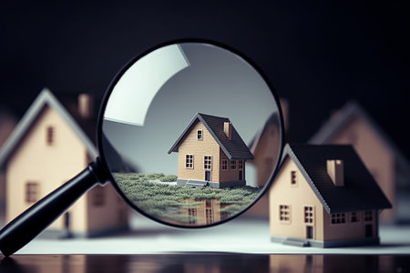 House searching, magnifying glass looking at house model, house selection, real estate conceptの素材