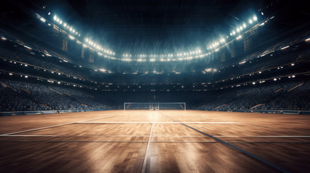 In the fighting cage. Sport stadium with grandstands full of fans, shining night lights and wooden deck, Digital 3D illustration of sport stadium for background useの素材