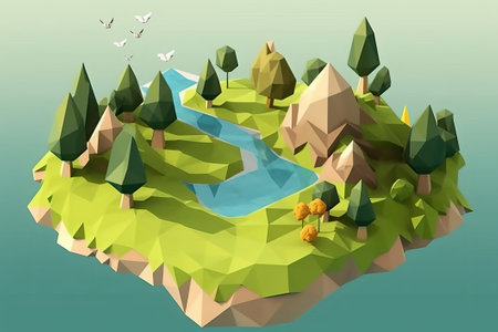 Isometric landscape low polygon countryside theme 3d backgroundの素材