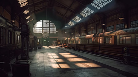 Interior of an old train station in the eveningの素材