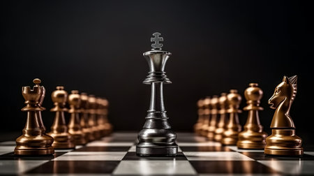 King Queen and knight chess team standing on chess board with chess that falling in the back concepts of business team and leadership strategy and organization risk managementの素材
