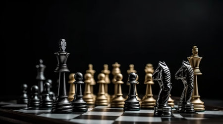 King Queen and knight chess team standing on chess board with chess that falling in the back concepts of business team and leadership strategy and organization risk managementの素材