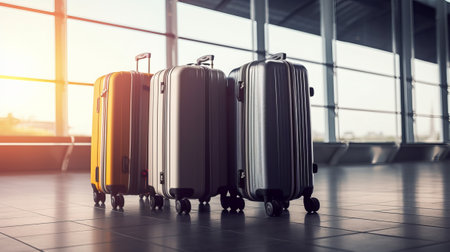 luggage suitcases at the airport wide banner with copy space area for vacations and holiday travel conceptsの素材