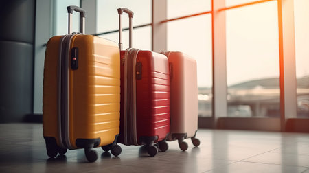 luggage suitcases at the airport wide banner with copy space area for vacations and holiday travel conceptsの素材