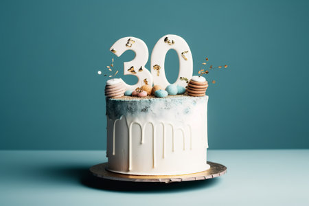 Luxurious birthday white cake in a minimalist style with bronze icing topped and decorated with a number thirty on a blue background. Copy spaceの素材