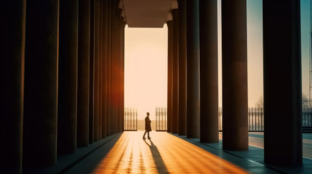 Man walks in a business hall with columns during sunsetの素材