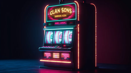 One neon shining casino slot machine at empty roomの素材