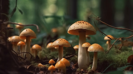 mushrooms in the forest, closeup of photo with shallow depth of fieldの素材