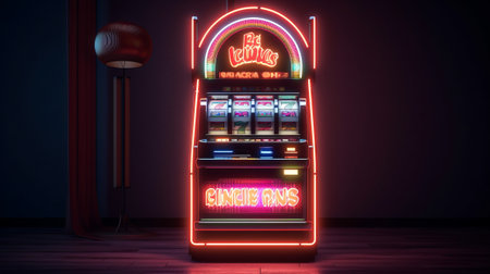 One neon shining casino slot machine at empty roomの素材