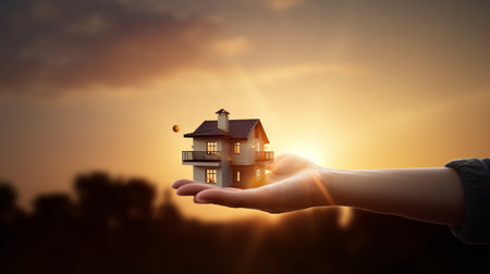 My precious home on the hands of a happy family and real estate investment and housing architecture and sunset backgroundの素材