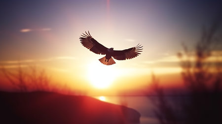 New year rising bright sun and sunrise background and an eagle flying high in the sky with its big wings spreadの素材