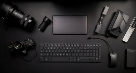 Photographer work station on dark background with laptop, camera, flash, lens, drawing tablet, keyboard, mouse. top viewの素材