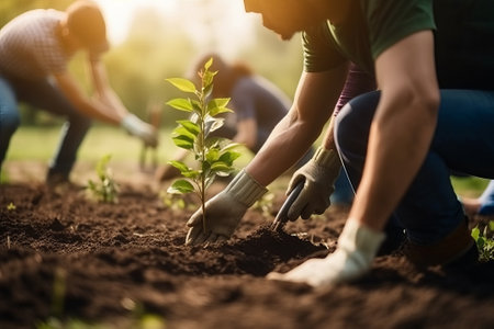 People planting trees or working in community garden promoting local food production and habitat restoration, concept of Sustainability and Community Engagementの素材