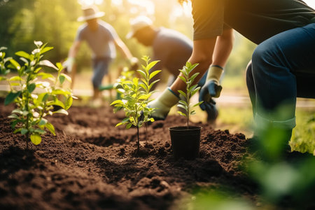 People planting trees or working in community garden promoting local food production and habitat restoration, concept of Sustainability and Community Engagementの素材