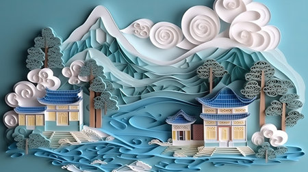 Paper art and craft style of Korean traditional house in the seaの素材