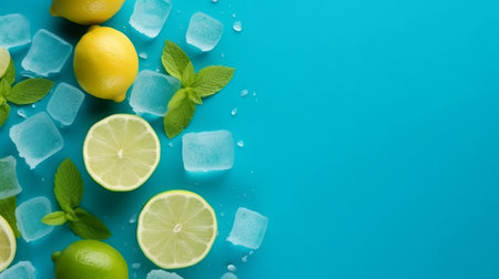 Overhead photo of pile of limes lemon cubes of ice mint and drops isolated on the blue background with blank spaceの素材