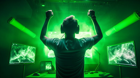 Professional eSports gamer rejoices in the victory and green game room backgroundの素材
