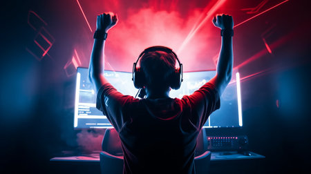 Professional eSports gamer rejoices in the victory and green game room backgroundの素材