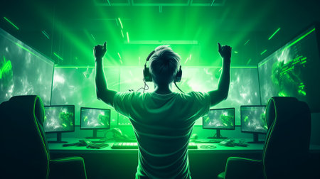 Professional eSports gamer rejoices in the victory and green game room backgroundの素材