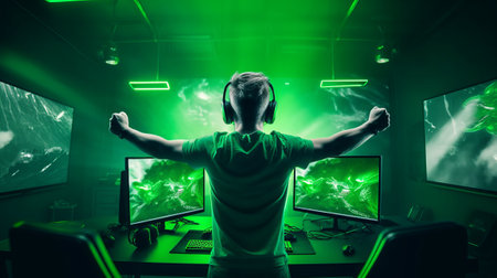 Professional eSports gamer rejoices in the victory and green game room backgroundの素材