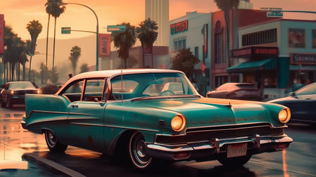 Retro car on the street in Los Angeles, California, USAの素材