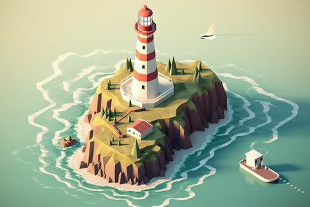 Sea coast with a lighthouse stunning 3D isometricの素材