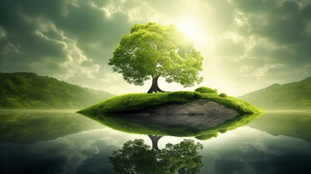 save the green planet concept with green tree, pond and sinshineの素材