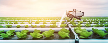 robotic efficient farming taking over in watering and agriculture industry as wide banner with copyspace areaの素材