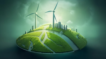 save the green planet concept with fresh geen feailds and power plantsの素材
