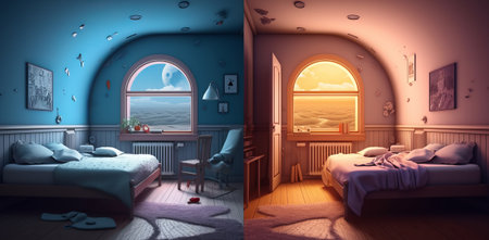 split comparison view of different old vs new renovated kids bedroom, day vs night timeline or changing and switching homes concepts as wide bannerの素材