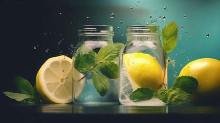Soda water with lemon slices or citrus fruit and mint herbs infused sassi water for detox or dieting, mixed digital illustration and matte paintingの素材