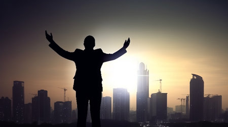 Silhouette of a businessman standing and raised hands with cityscapes backgroundの素材