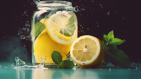Soda water with lemon slices or citrus fruit and mint herbs infused sassi water for detox or dieting, mixed digital illustration and matte paintingの素材