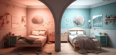 split comparison view of different old vs new renovated kids bedroom, day vs night timeline or changing and switching homes concepts as wide bannerの素材