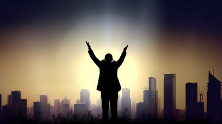 Silhouette of a businessman standing and raised hands with cityscapes backgroundの素材
