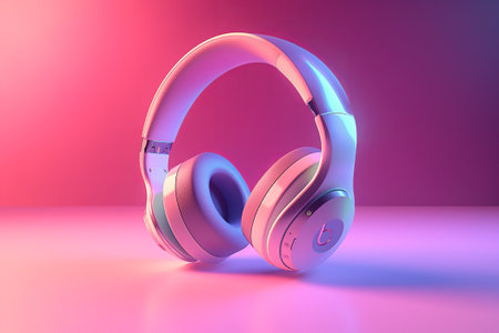 stylish 3d icon of generic wireless headphones on pink purple gradient background, mixed digital 3d illustration and matte paintingの素材