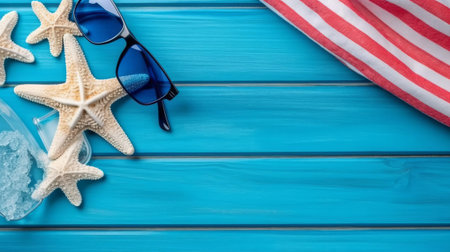 Summer vacation and quarantine concept. Top above overhead view close-up photo of towel sunglasses starfish sanitizer mask and flipflops isolated on blue wooden background with copyspaceの素材