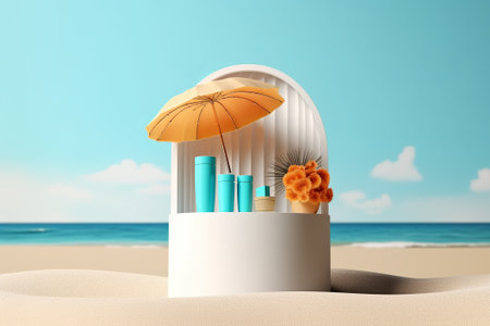 Summer podium product screen on beach backgroundの素材