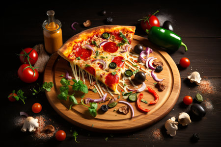 tasty pizza on a wooden chopping board with scattered ingredientsの素材