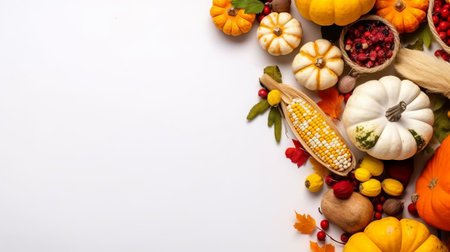 Thanksgiving day concept. Top view photo of raw vegetables pumpkins gourd maize pattypans walnut acorn and rowan berries on isolated white background with copyspaceの素材