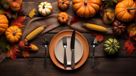 Thanksgiving day concept. Top view photo of table setting plate knife fork napkin raw vegetables pumpkins isolated dark woodenの素材