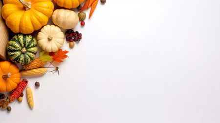 Thanksgiving day concept. Top view photo of raw vegetables pumpkins gourd maize pattypans walnut acorn and rowan berries on isolated white background with copyspaceの素材
