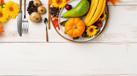 Autumn table setting with pumpkins, corn, carrots and flowers on white wooden backgroundの素材