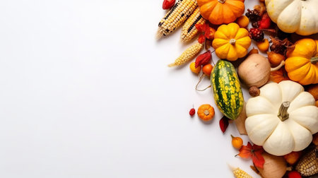 Thanksgiving day concept. Top view photo of raw vegetables pumpkins gourd maize pattypans walnut acorn and rowan berries on isolated white background with copyspaceの素材